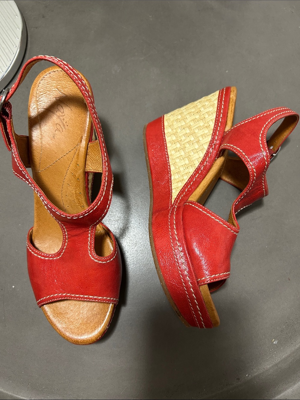Naya Red Leather Wedge Sandals with Braided Platform